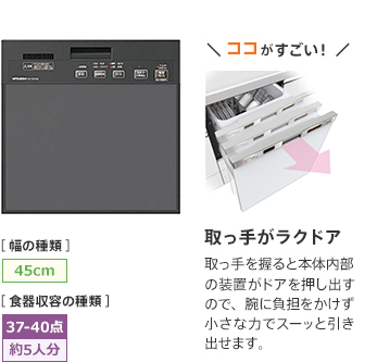 取っ手がラクドア 取っ手を握ると本体内部の装置がドアを押し出すので、腕に負担をかけず小さな力でスーッと引き出せます。