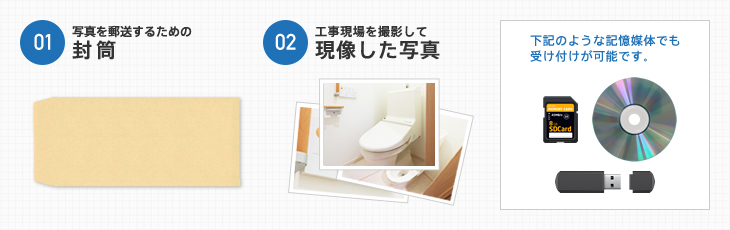 ①写真を郵送するための封筒 ②工事現場を撮影して現像した写真 下記のような記憶媒体でも受け付けが可能
